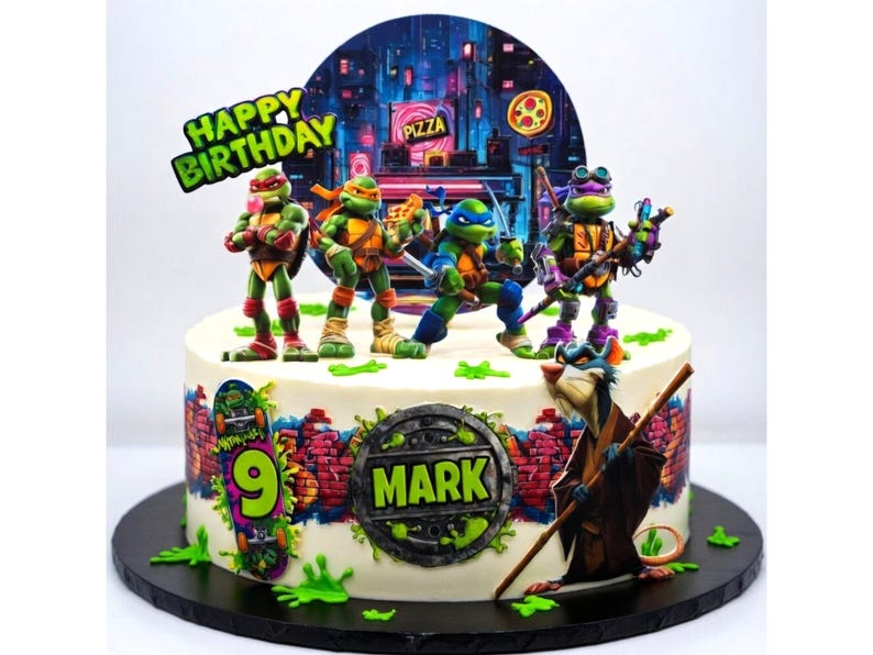 May include: A decorated birthday cake featuring Teenage Mutant Ninja Turtles figurines. The cake has a cityscape backdrop and the words "Happy Birthday." Additional decorations include a skateboard with the number 9 and a personalized nameplate.
