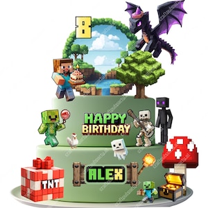 Block World Adventure – Conjunto de topo para bolo e cupcake para imprimir | Cena de festa inspirada em jogos de pixel - Cricut, compatível com CANVA - Comida/Impressão normal