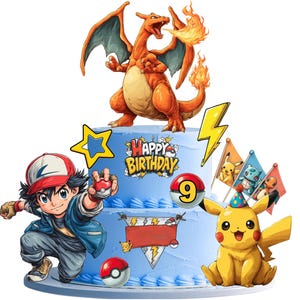 Anime-Inspired Printable Cake Topper Set | Fire Dragon, Electric Pika & Young Trainer | Edit in Canva | Birthday Centerpiece Cupcake party