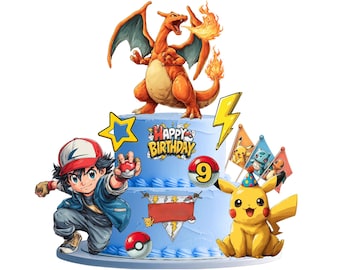 Conjunto de adornos imprimibles para pastel inspirados en el anime | Dragón de fuego, Pikachu eléctrico y joven entrenador | Edita en Canva | Centro de mesa para cupcakes de fiesta de cumpleaños