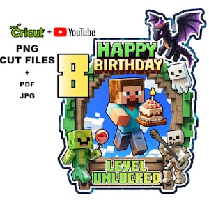 Pixel and Blocks 3D Birthday Multilayer Cake Topper – Print and Cut - Digital Download PNG, Editable Cricut Design Space & Canva, Boys Birth