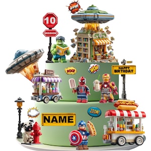 May include: A multi-tiered birthday cake decorated with superhero-themed figurines and food carts. The cake features a green base with the word "NAME" and a "Happy Birthday" sign. Superhero figures include Hulk, Spider-Man, Iron Man, and Captain America.