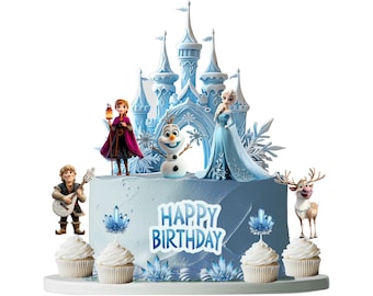 Printable Frozen Snow Queen and her friends Cake Topper – Ice Castle, Snowman, Ice Princess Friends - Canva, PNG | Food or Regular Print