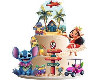 Printbare tropische taarttoppers | Geïnspireerd door Lilo en Stitch | Taart- en cupcaketoppers, bewerkbare decoratie | Geschikt voor eten of gewoon printen