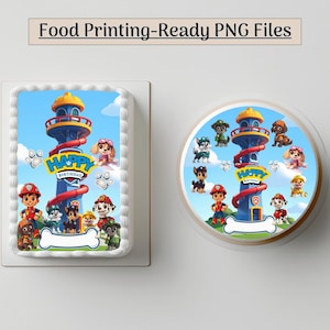Könnte beinhalten: Zwei essbare Tortenaufleger mit Paw Patrol-Motiv. Einer ist rechteckig, der andere rund. Beide haben einen blauen Himmel als Hintergrund mit einem Turm, den Paw Patrol-Charakteren und dem Schriftzug "Happy Birthday".
