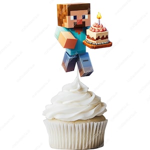 Block World Adventure – Conjunto de topo para bolo e cupcake para imprimir | Cena de festa inspirada em jogos de pixel - Cricut, CANVA - Comida ou impressão normal