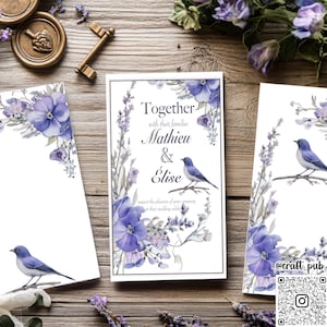 Editable Watercolor Floral Wedding Invitation, Detail, Menu, Program, Save the Date, RSVP, Map, Place, Envelope, Table, Lavender & Blue Bird