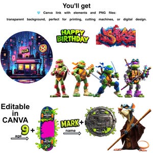May include: Digital design elements featuring the Teenage Mutant Ninja Turtles, a pizza shop illustration, graffiti art, and a skateboard. Includes text: "HAPPY BIRTHDAY", "Editable in CANVA", and "MARK + name". Perfect for digital design projects.