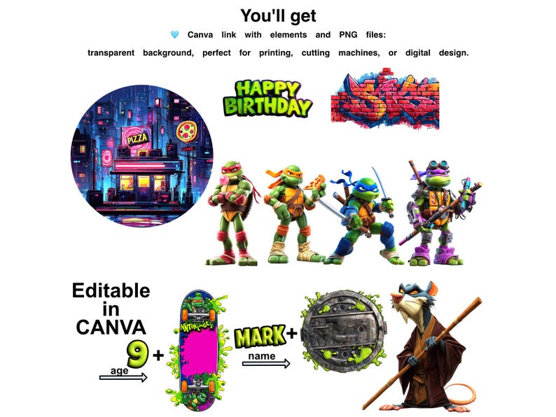 May include: Digital design elements featuring the Teenage Mutant Ninja Turtles, a pizza shop illustration, graffiti art, and a skateboard. Includes text: "HAPPY BIRTHDAY", "Editable in CANVA", and "MARK + name". Perfect for digital design projects.