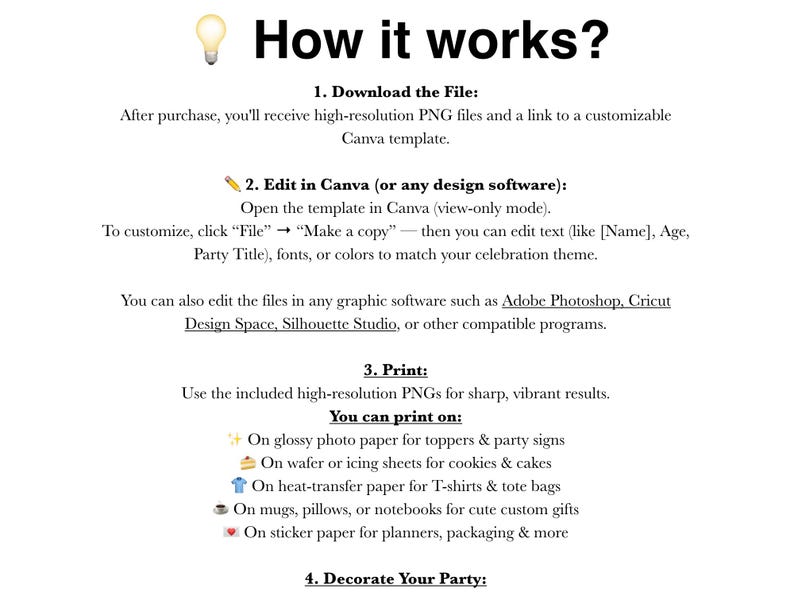 May include: White background with black text explaining how to use a digital template. The text includes steps for downloading, editing in Canva, printing on various materials, and decorating for a party. A lightbulb graphic is at the top.