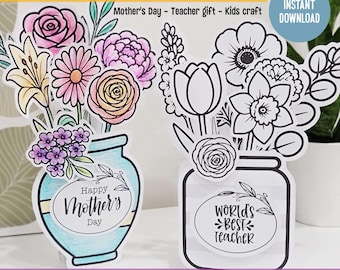 Bouquet de fleurs en papier 3D à imprimer | Vase sur pied DIY (téléchargement instantané) | Modèle de coloriage | Remise des diplômes, anniversaire à imprimer
