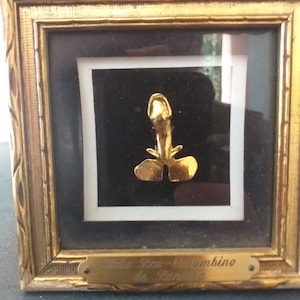Replica pre-Columbian golden huaca frog pendant/broach of Panama, box framed by Reprosa