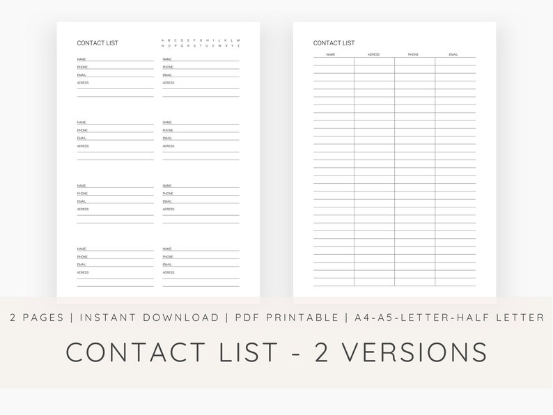 Contact List Printable Contacts Organizer Printable Planner Inserts