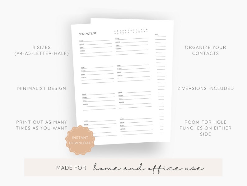 Contact List Printable Contacts Organizer Printable Planner Inserts