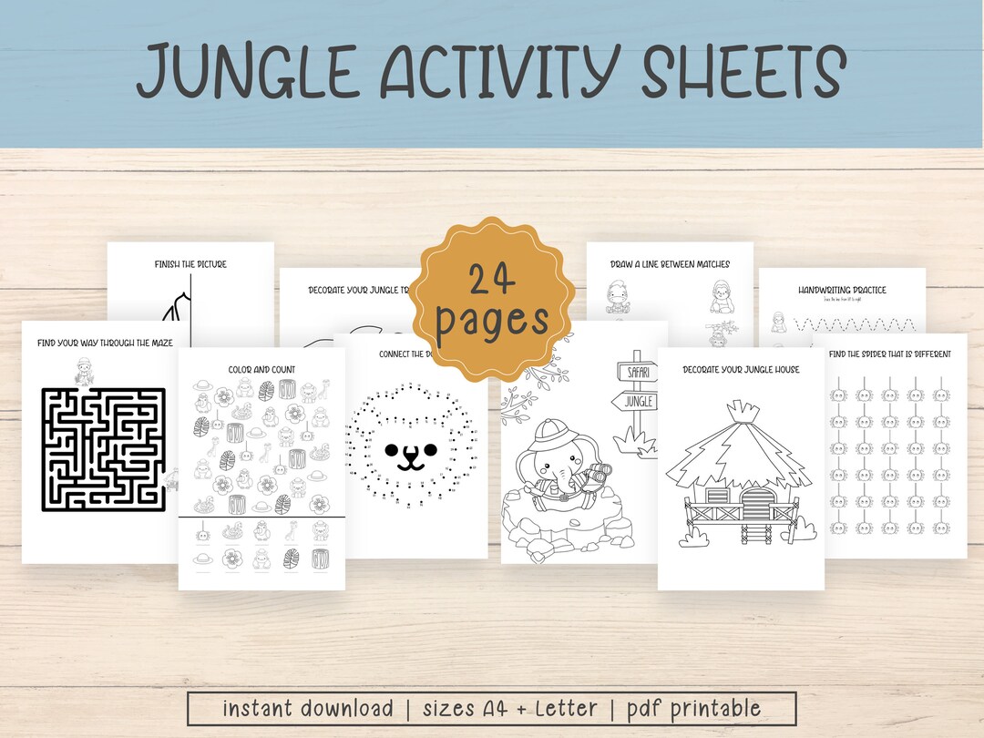 Jungle Activity Sheets Printable Jungle Activity Book Etsy
