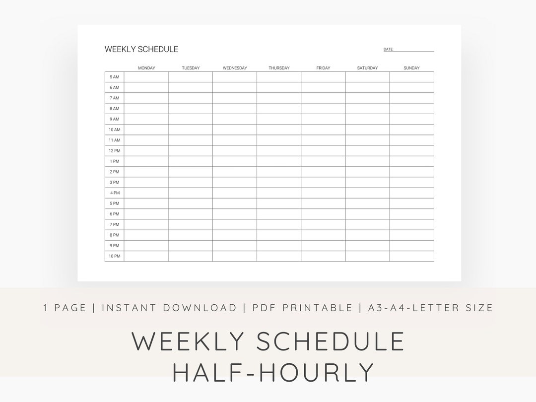 Weekly Half-hourly Schedule Printable Weekly Agenda Week at A Glance ...