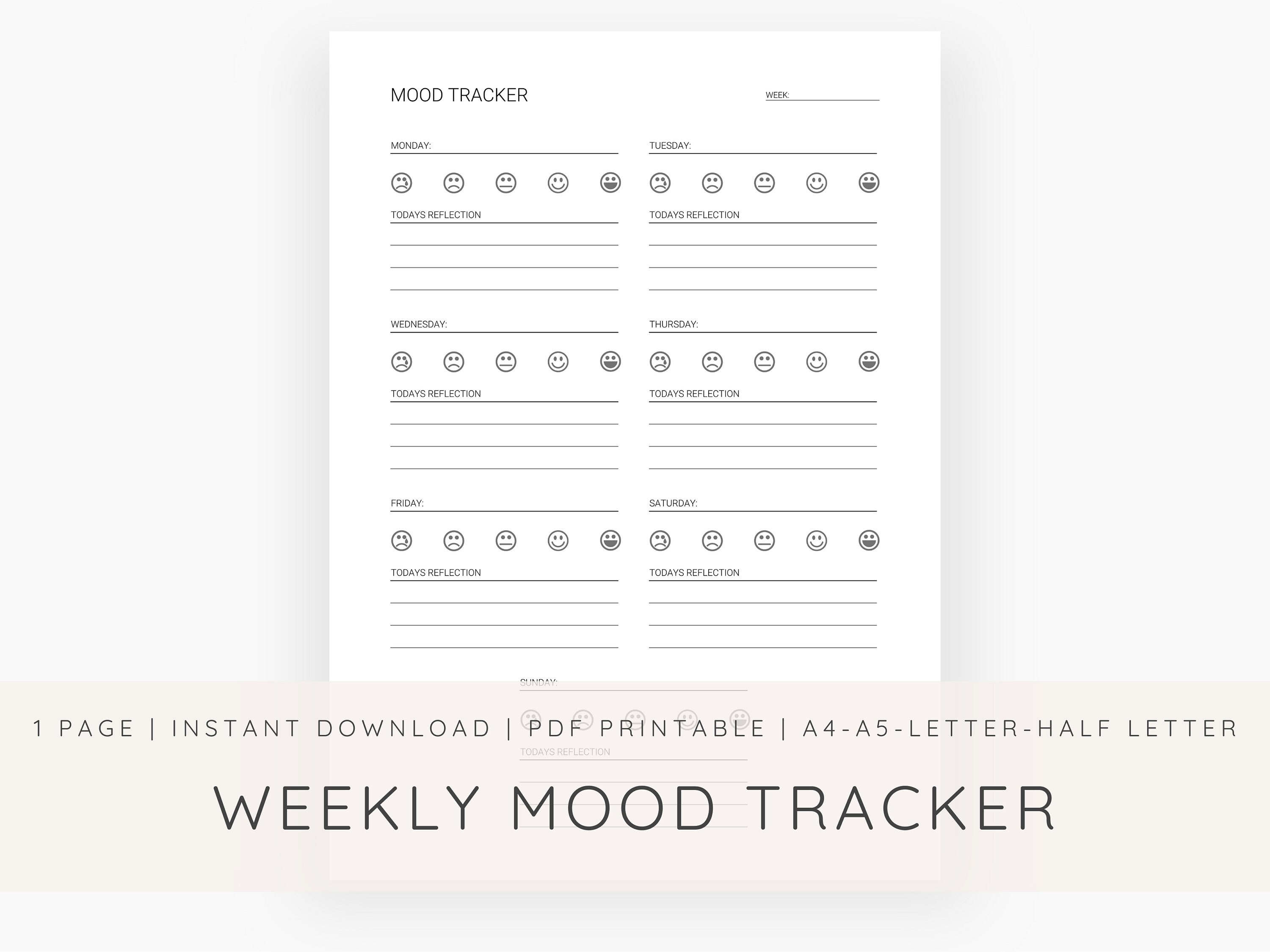 Weekly Mood Tracker Printable Emoticon Tracker Mindfulness Mood Journal ...