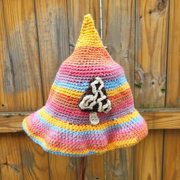 Crocheted mushroom  hat Adult Witch Hat; spring Witch's Hat; Sun Hat; Crochet Hat; Witchy Aesthetic; mushroom;