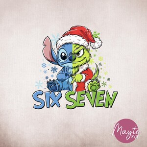 May include: A cartoon illustration of a split character, half blue and half green, wearing a Santa hat and red coat. The text "SIX SEVEN" is below the character in blue and green. Snowflakes are scattered around the character.