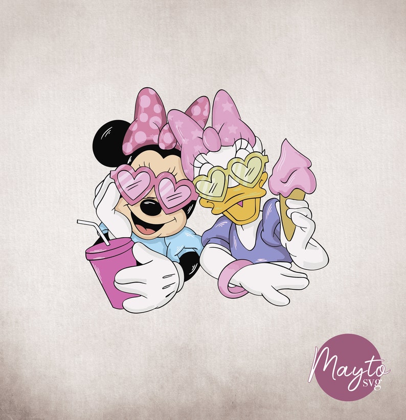 May include: Illustration of Minnie Mouse and Daisy Duck wearing sunglasses. Minnie Mouse is holding a pink drink with a straw, and Daisy Duck is holding a pink ice cream cone. Both characters are wearing bows and smiling.