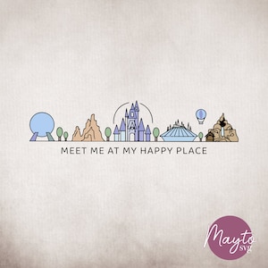 May include: A line drawing of iconic Disney World landmarks, including Cinderella's Castle, Spaceship Earth, and the Haunted Mansion, with the text "Meet me at my happy place".