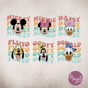 May include: A digital design sheet featuring the faces of Mickey Mouse, Minnie Mouse, Daisy Duck, Pluto, Goofy, and Donald Duck. Each character is surrounded by their name in a retro font with a rainbow color scheme.