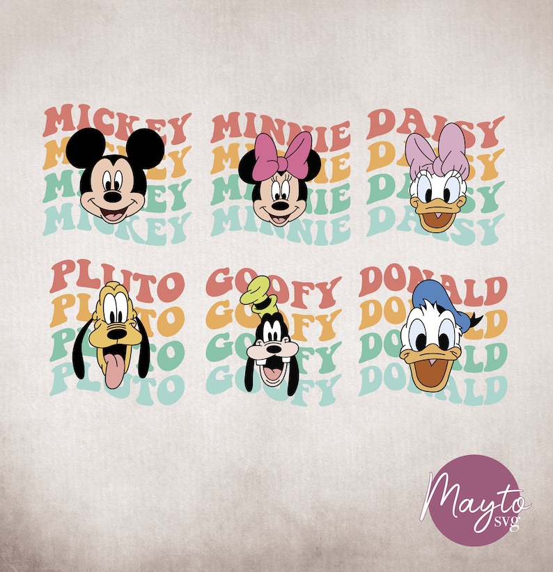 May include: A digital design sheet featuring the faces of Mickey Mouse, Minnie Mouse, Daisy Duck, Pluto, Goofy, and Donald Duck. Each character is surrounded by their name in a retro font with a rainbow color scheme.