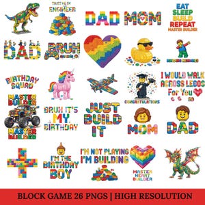 Può includere: Una collezione di ventisei design grafici digitali con motivi a blocchi di costruzione colorati, tra cui un dinosauro, un unicorno, un drago, un monster truck e varie frasi come 'Dad', 'Mom', 'Birthday Squad' e 'Just Build It'.