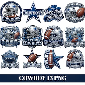 May include: A collection of twelve digital graphic designs featuring the Dallas Cowboys football team, including silver helmets, brown footballs, blue stars, and metallic lettering with the text Cowboys, We Are Cowboys, and Let's Go Cowboys.