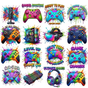 Könnte beinhalten: Eine Sammlung farbenfroher Gaming-Grafiken. Enthält Controller, einen Computerturm, ein VR-Headset, eine Tastatur und Kopfhörer, jeweils mit lebendigen Farbspritzern und Texten wie "Gaming Addiction" und "Level Up".