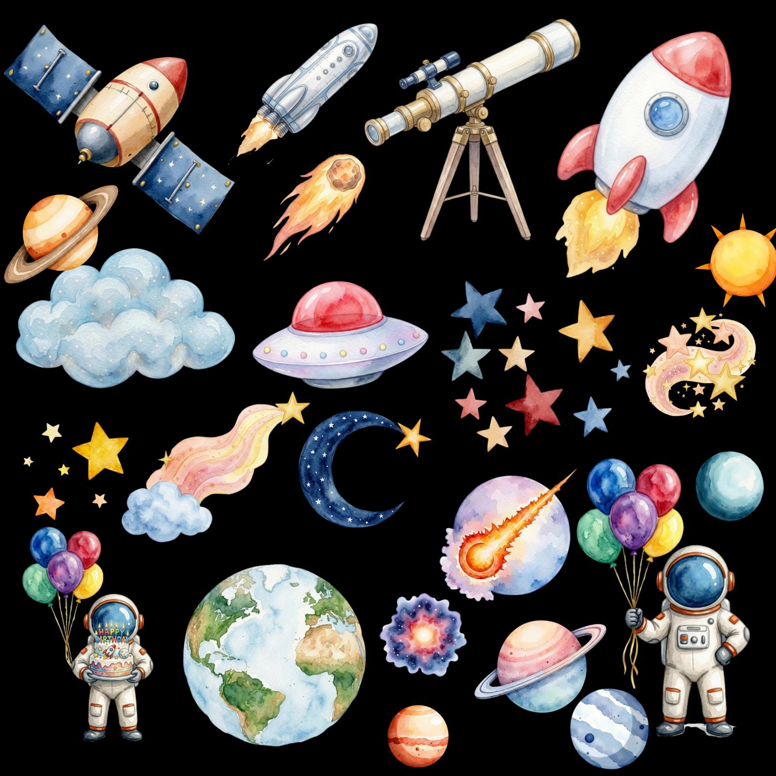 Outer Space Watercolor Clipart Bundle, Astronaut Rocket Planets (40 PNG ...