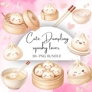 Può includere: Un set di illustrazioni digitali con vari ravioli al vapore con faccine sorridenti, cestelli in bambù, ciotole di brodo e bacchette. Il testo recita Cute Dumpling squishy lover 10+ PNG BUNDLE. Lo sfondo è un delicato acquerello rosa con cuoricini.