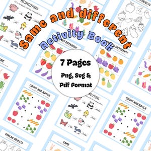 Puede incluir: Una colección de libro de actividades digital que incluye siete páginas de hojas de trabajo educativas para niños. Las páginas incluyen ejercicios como completar letras faltantes, contar y emparejar objetos, e identificar diferencias entre varias ilustraciones coloridas.