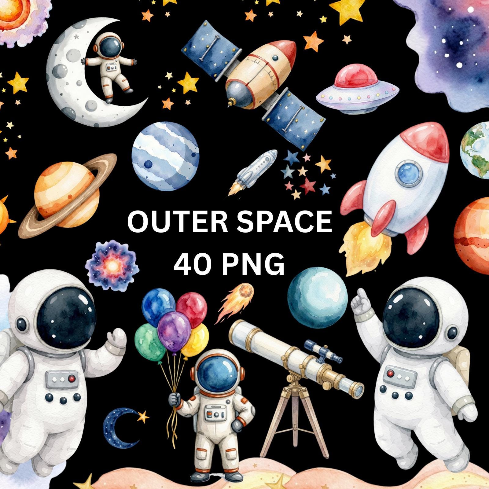 Outer Space Watercolor Clipart Bundle, Astronaut Rocket Planets (40 PNG ...
