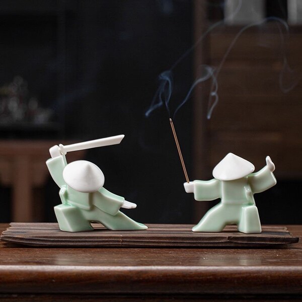 Ceramic samurai incense stick holder set, Japanese warrior, incense burner