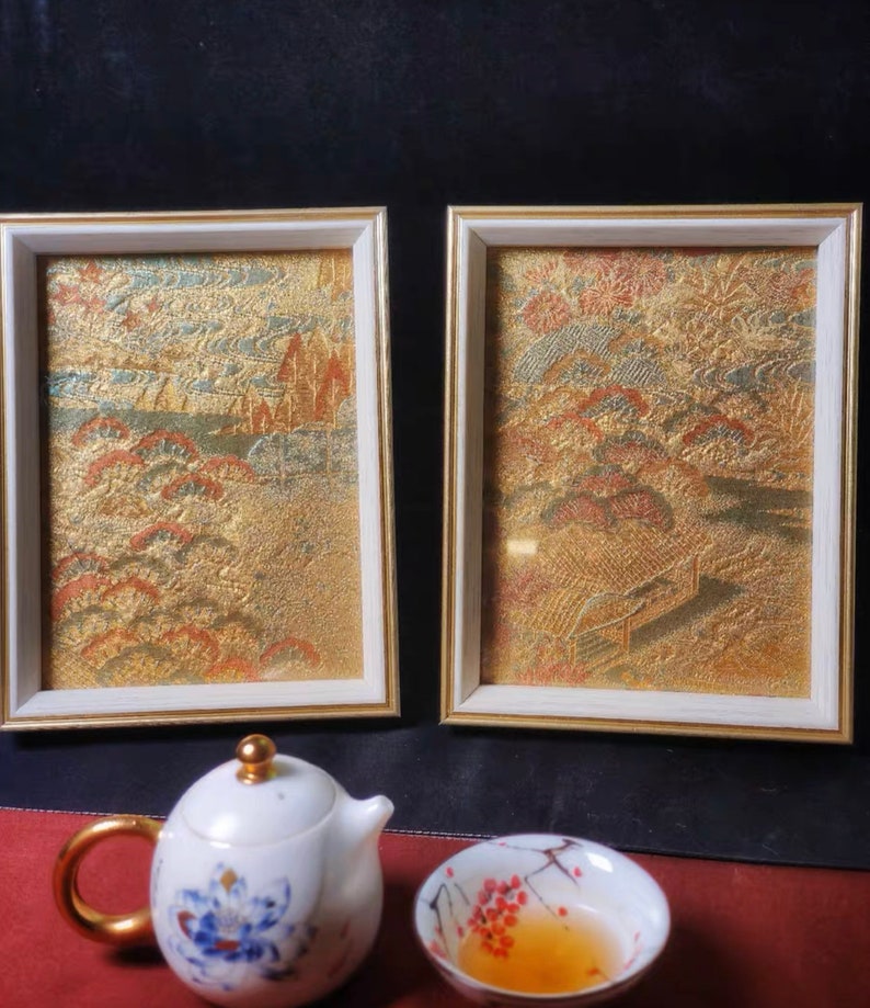 Japanese Framed Obi Decor, Japanese Desk Decor, Japanese Framed Art