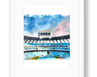 Peut inclure: Une peinture à l'aquarelle d'un stade avec des sièges bleus et un ciel blanc. Le stade est vide et les sièges sont tous orientés dans la même direction. Le ciel est bleu clair avec quelques nuages blancs.