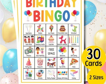 May include: Birthday Bingo game cards with colorful illustrations of party items like balloons, cake, and presents. The cards are labeled with the text "BIRTHDAY BINGO" and include the text "30 Cards" and "2 Sizes".