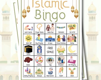 May include: Islamic Bingo game card with colorful illustrations and text. The card features images of prayer beads, the Kaaba, and the Quran, with the words "Islamic Bingo" at the top. The game is designed with a white background and decorative elements.