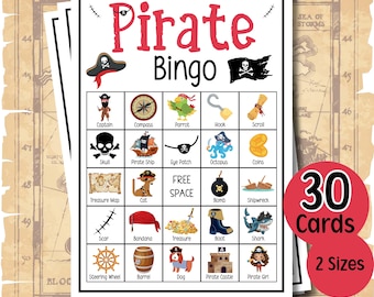 May include: Pirate Bingo game cards with a red and black theme. The cards feature pirate-themed illustrations such as a skull, treasure map, parrot, and pirate ship. The set includes 30 cards in 2 sizes.