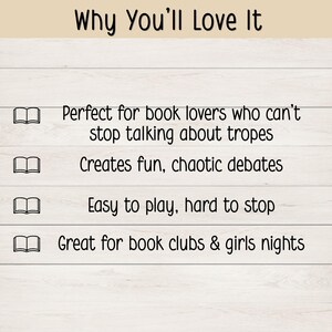 May include: Image with text: "Why You'll Love It." The text describes a product perfect for book lovers, creating fun debates, easy to play, and great for book clubs and girls' nights. The background is a light wood grain.
