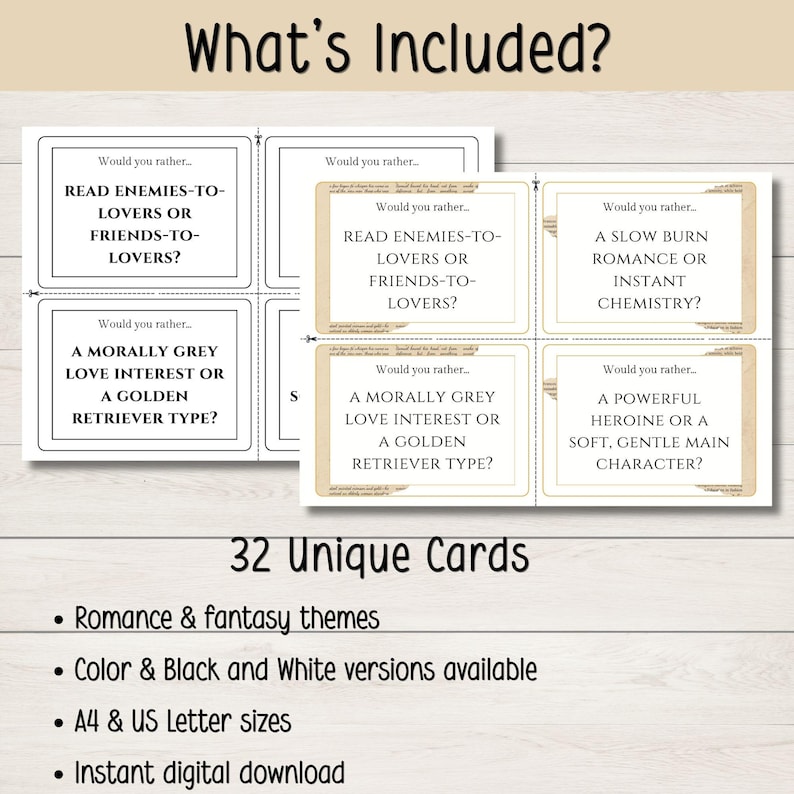 Bookish Would You Rather Cards, Printable Game for Book Club, Romance Readers, Girls Night Game, Digital Download image 3