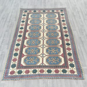 5 x 7, tapis nomade d'Anatolie, bleu et rouge, tapis lavable tissé à la main, tapis vintage, tapis Oushak, carpette, tapis 4,9 x 7,4 pi, tapis bohème