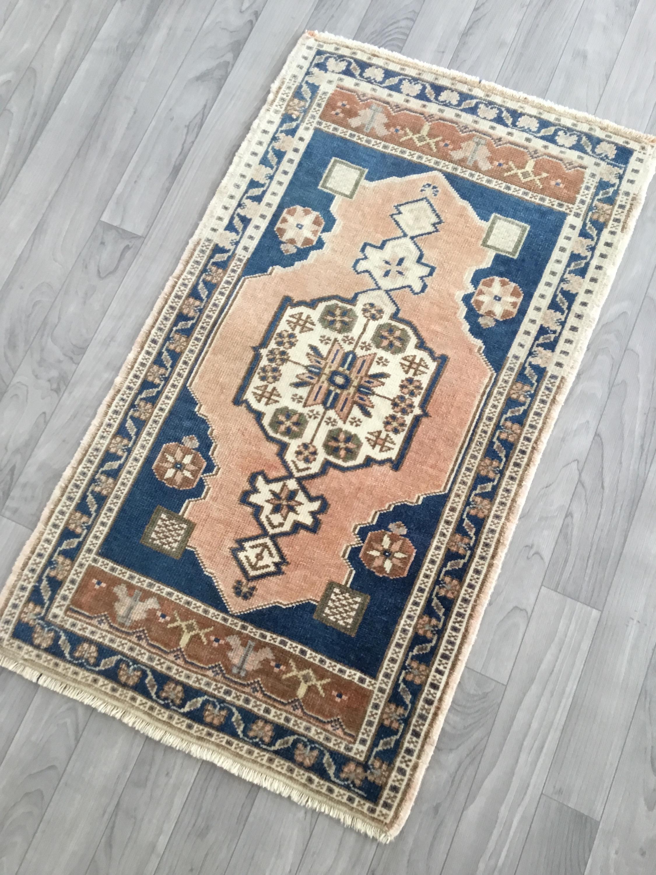 2x3 Rug, Blue Red Rug, 2x3 Small Area Rug, Handmade Wool Rug, Vintage Rug, Oushak Rug, Home Decor Rug, Bathroom Doormat Rug 1.8x3.2 FT.