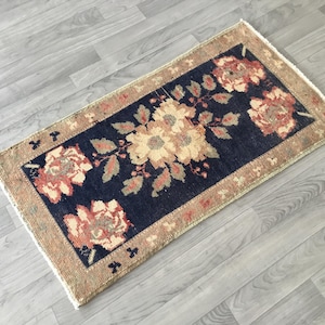 2x3 Blue Small Rug, Handmade Wool Rug, Vintage Area Rug, Home Decor Rug, Muted Bathroom Rug, 1.6x3.0 ft.