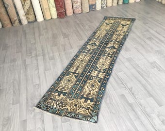 Vintage wollen loper, patchwork trapvloerkleed (1,9 x 7,5 ft)