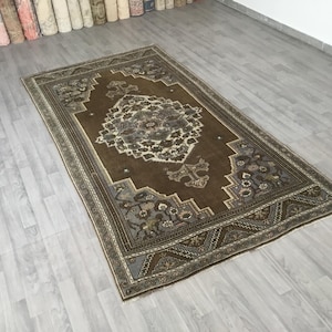 4x9 Area Brown Rug, Handmade Wool Rug, Washable Vintage Rug, Anatolian Nomad Rug, Traditional Wool Rug, Bohemian Rug 4.4x8.7 ft. Floor Rug