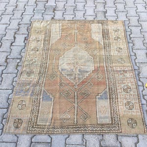 4x5 Vintage Turkish Wool Rug: Small Faded Oushak Rug Worn Old Carpet