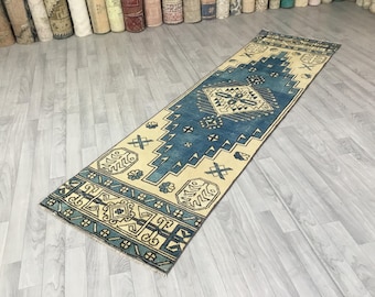 Handgemaakt wollen loper, vintage blauwe Oushak, trapvloerkleed (2,1 x 7,6 ft)