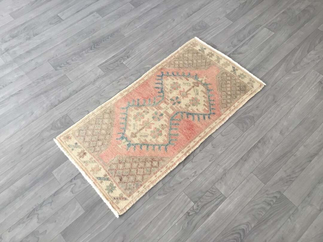 Handmade Wool Mini Rug: 1.6x3.2 Ft Red & Gray Faded Vintage Nomadic Rug ...